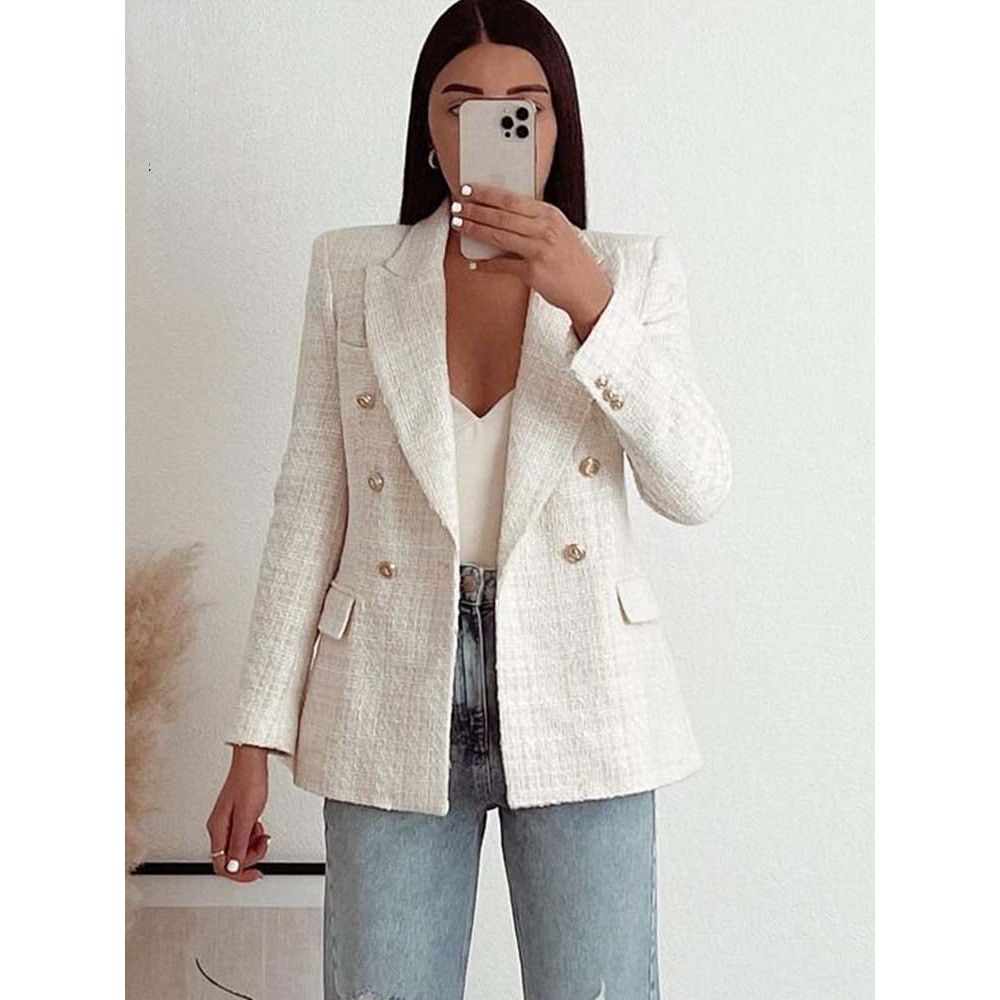 Women Jacket Double Breasted Tweed Blazer Coat