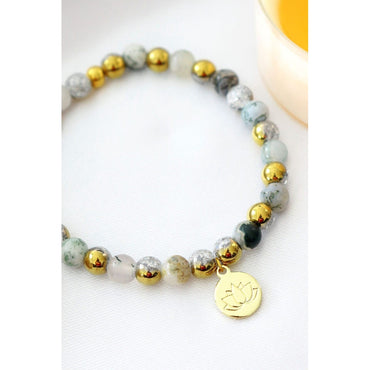Mossy Agate Elastic Bracelet | 24K Lotus Flower Charm