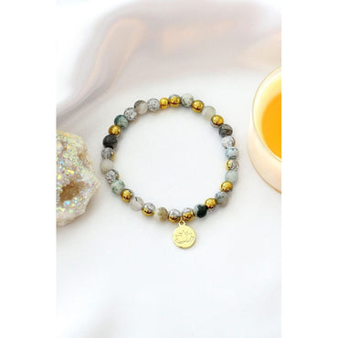 Mossy Agate Elastic Bracelet | 24K Lotus Flower Charm