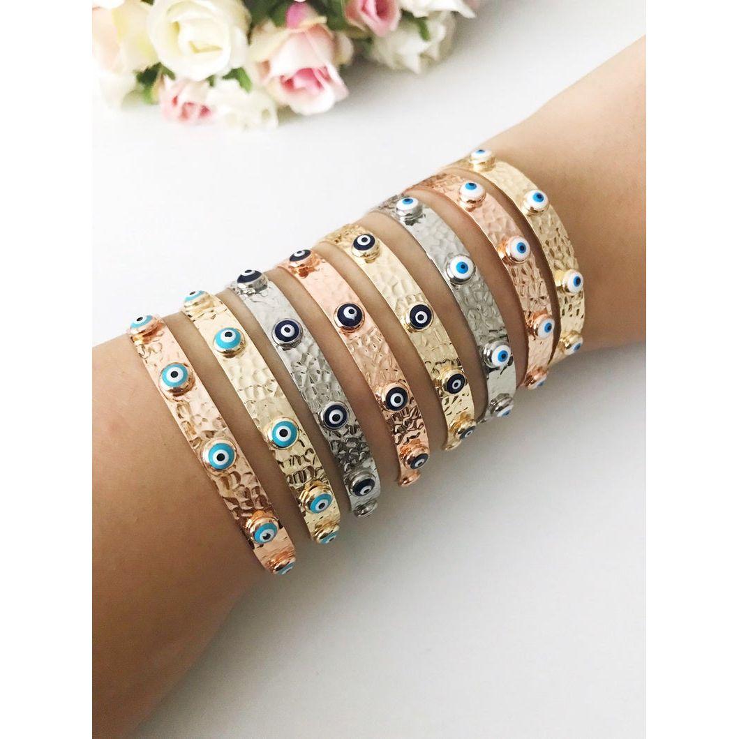 Bangle Bracelet, Evil Eye Bracelet, Rose Gold Silver Bracelet