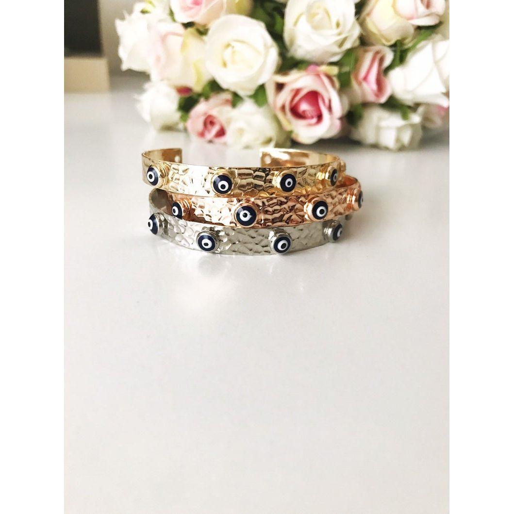 Bangle Bracelet, Evil Eye Bracelet, Rose Gold Silver Bracelet