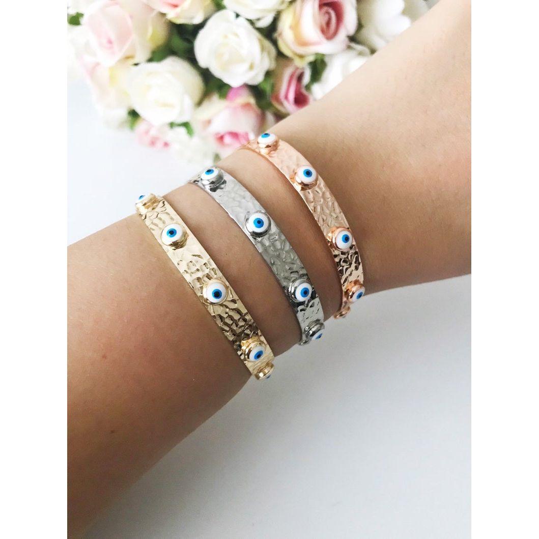 Bangle Bracelet, Evil Eye Bracelet, Rose Gold Silver Bracelet