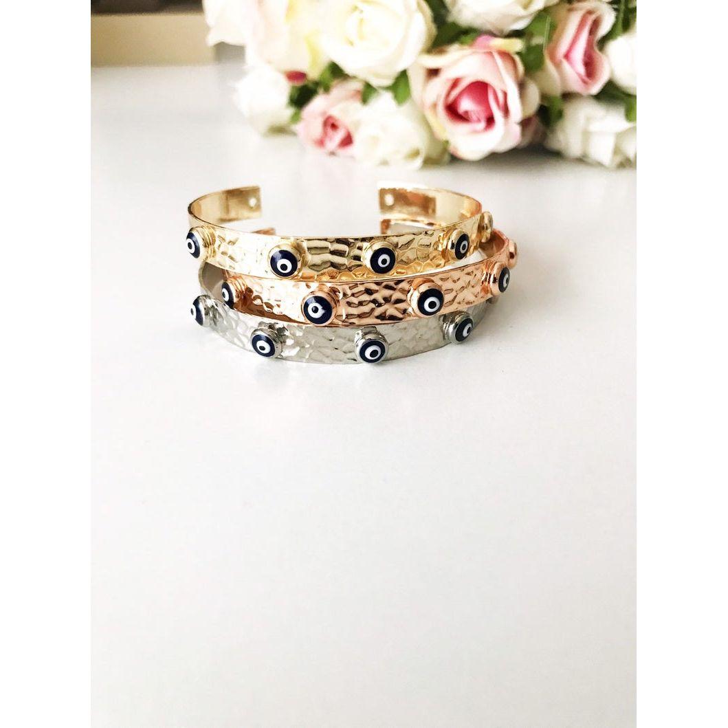 Bangle Bracelet, Evil Eye Bracelet, Rose Gold Silver Bracelet