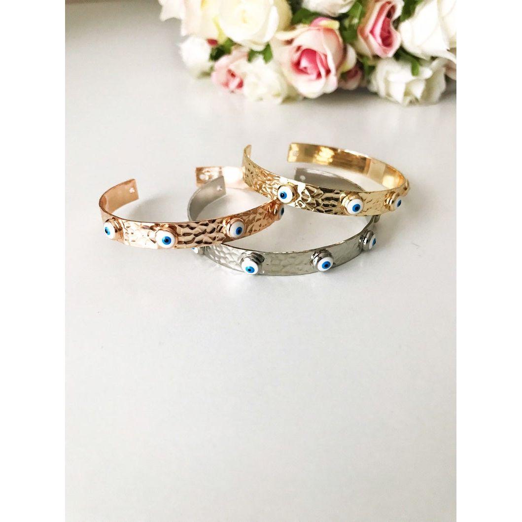 Bangle Bracelet, Evil Eye Bracelet, Rose Gold Silver Bracelet