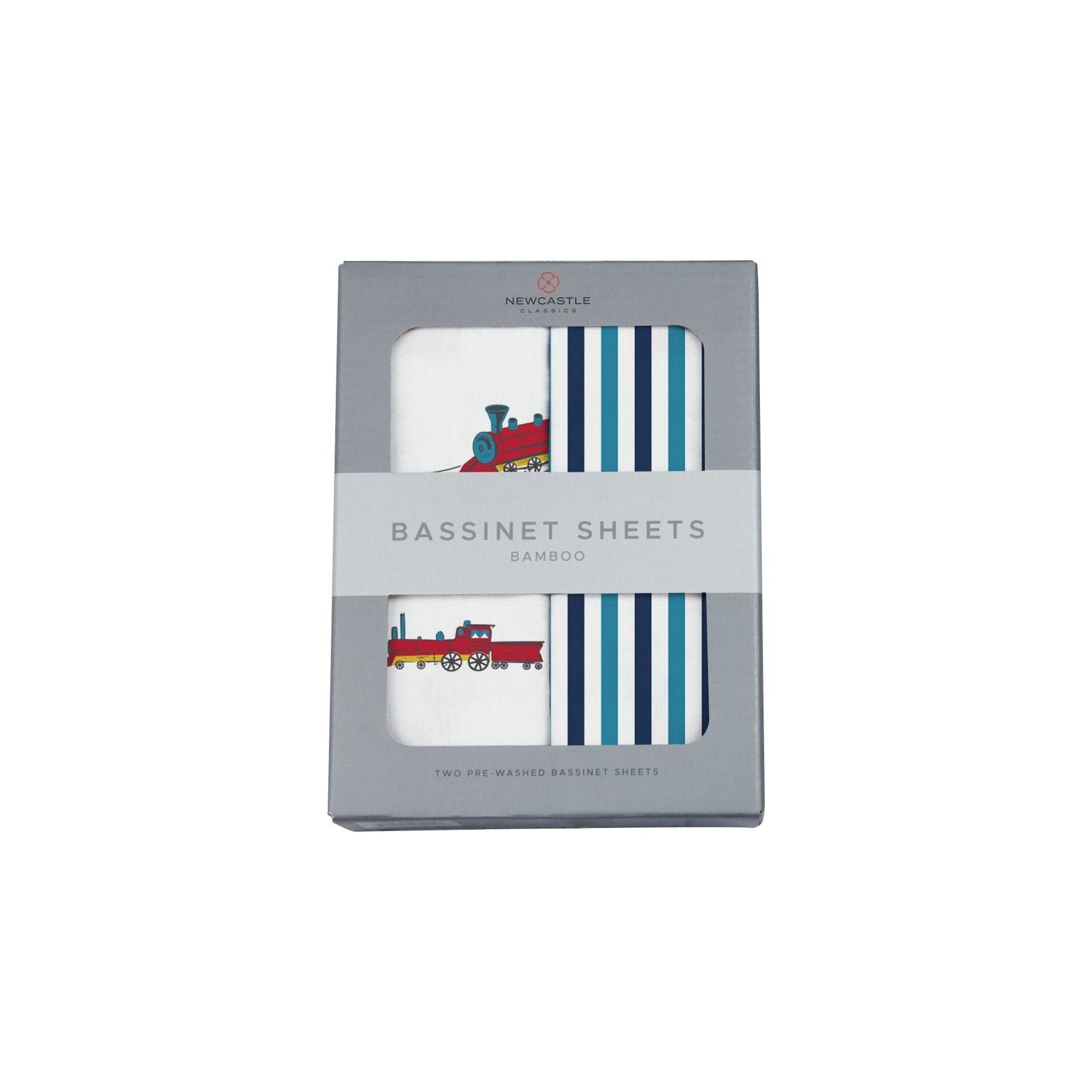 Vintage Steam Trains and Blue and White Stripe Bamboo Changing Pad