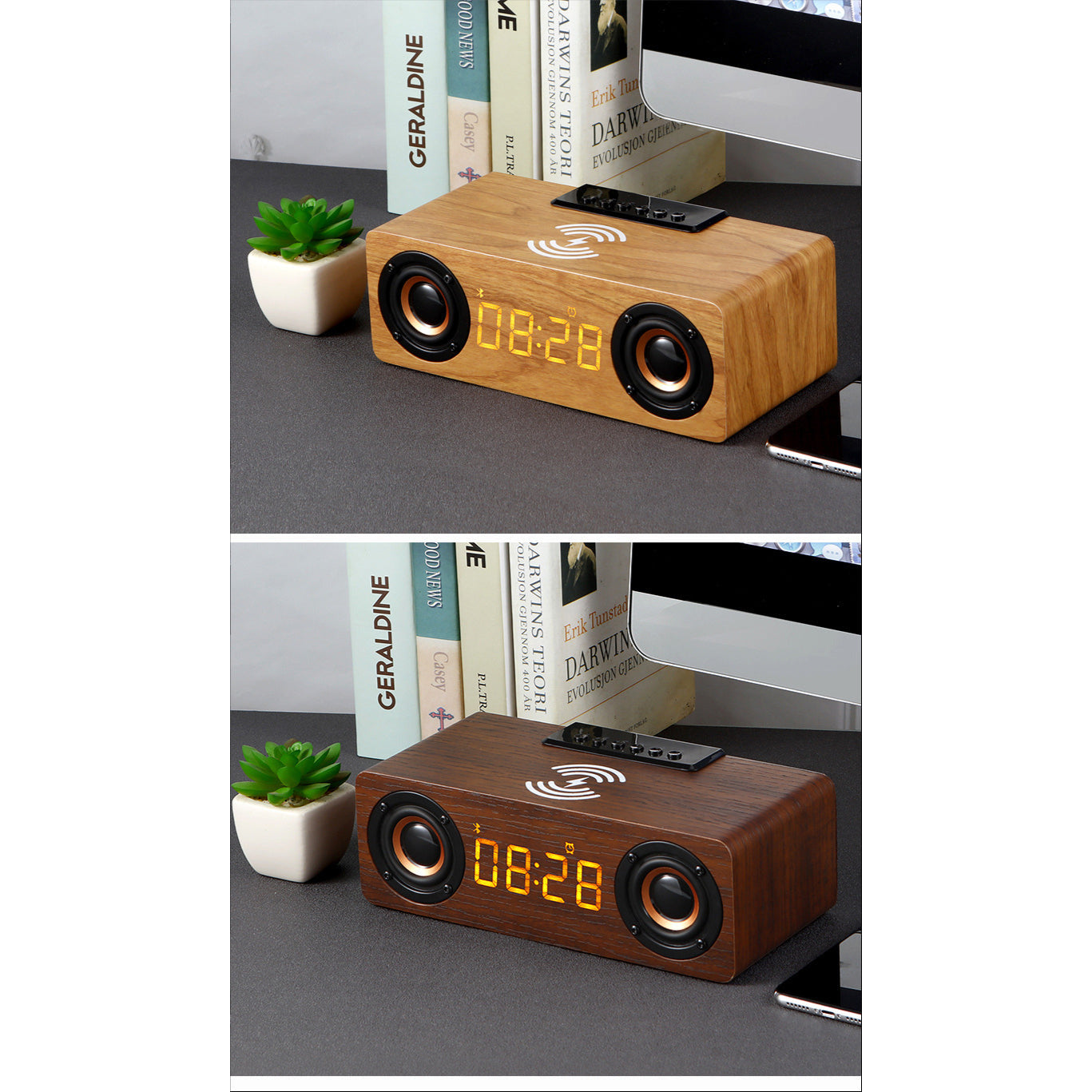 Wooden Retro Theme Wireless Charger Bluetooth Speaker Alarm Clock