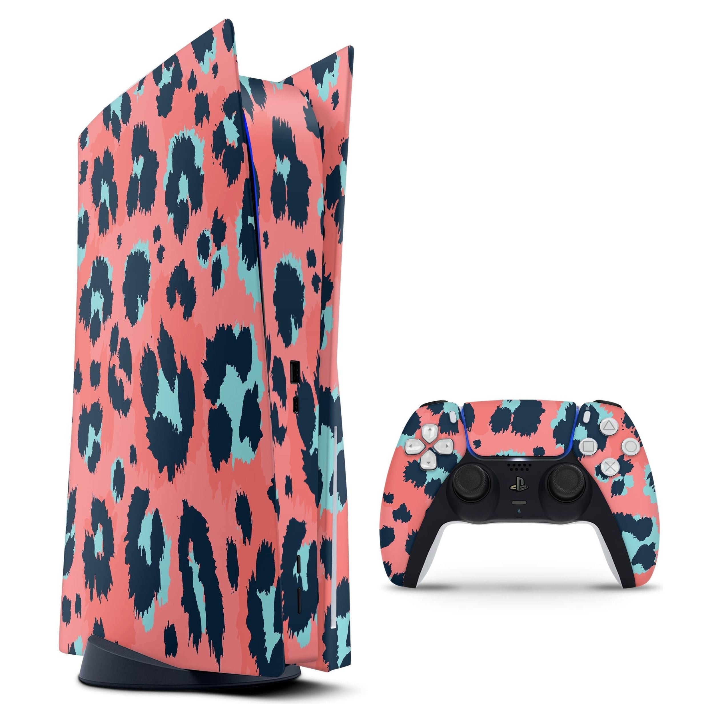 Leopard Coral and Teal - Full Vinyl decal Bundle for PlayStation 5