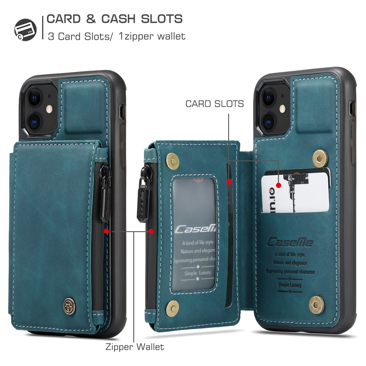 Leather Case Card Slots Zipper Wallet Phone Case for Iphone