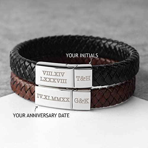 Roman Numerals Engraved Mens Bracelet, Woven Braided Leather Bracelet