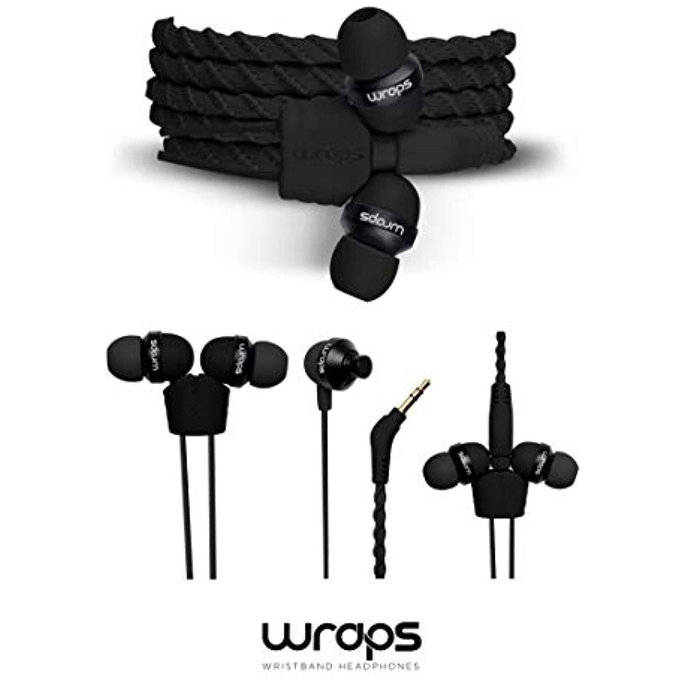Wraps Wearable Braided Wristband Headphone Earbuds Black