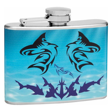 4oz Powerful Shark Theme Hip Flask, Gift Box, Funnel and Shot Glasses