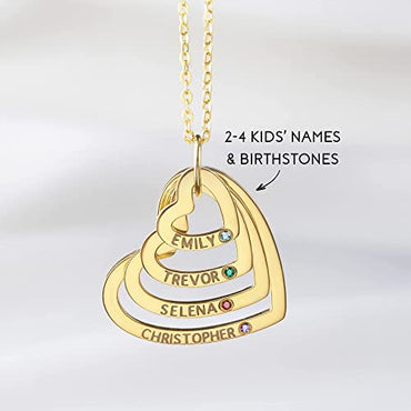 Mom Necklace With Birthstones, Kids Names Necklace, Heart Necklace