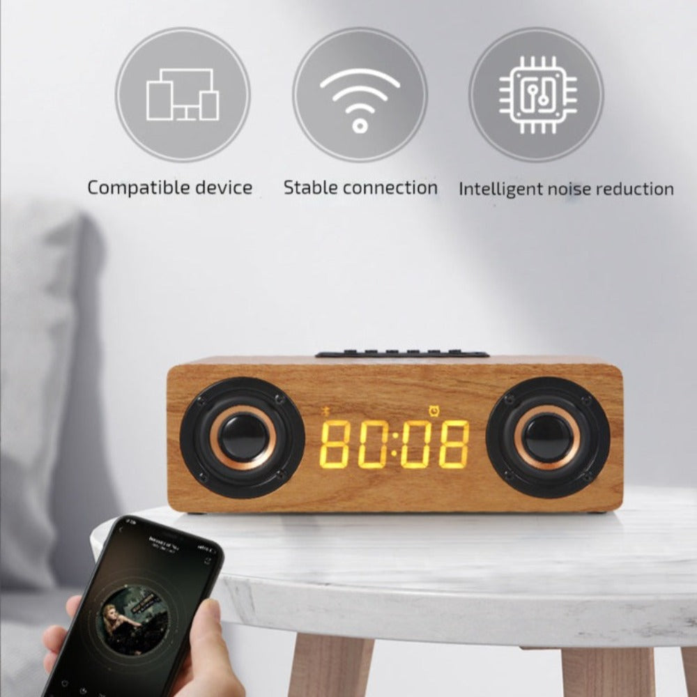 Wooden Retro Theme Wireless Charger Bluetooth Speaker Alarm Clock