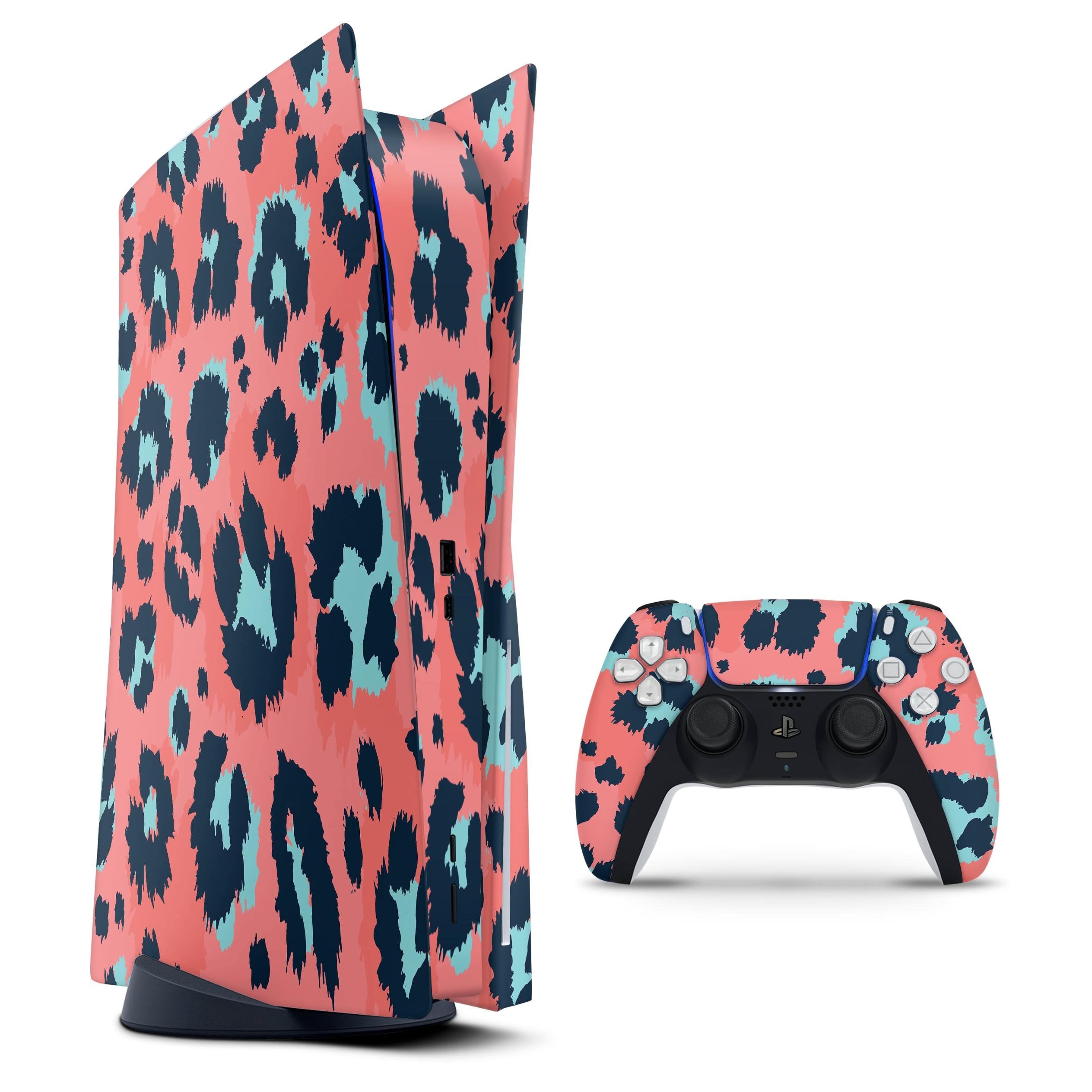 Leopard Coral and Teal - Full Vinyl decal Bundle for PlayStation 5