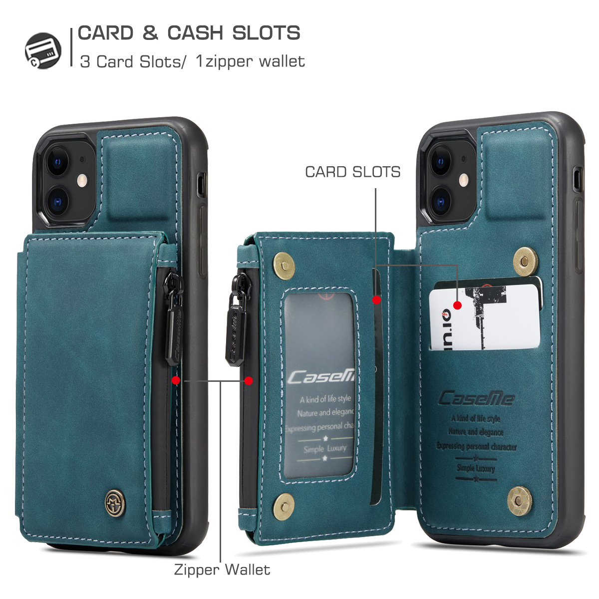 Leather Case Card Slots Zipper Wallet Phone Case for Iphone