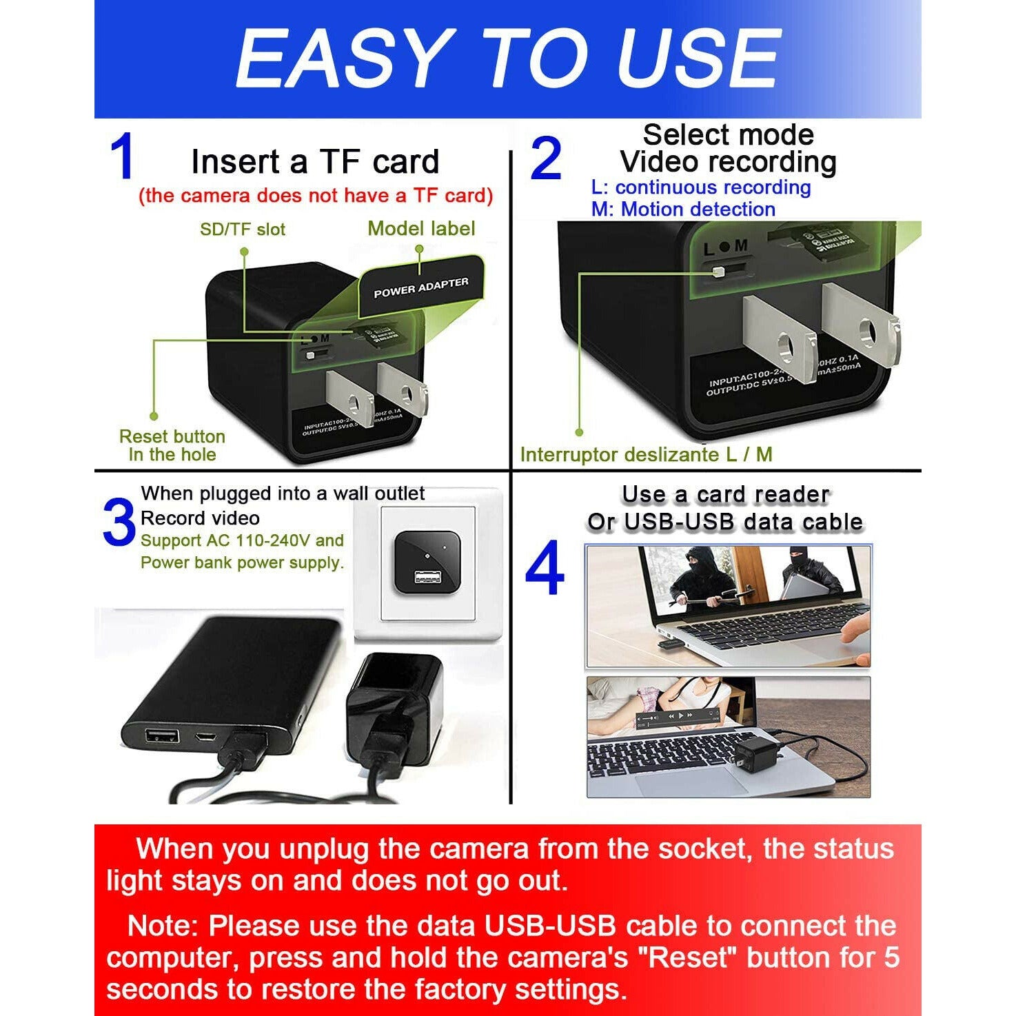 Hidden Camera HD 1080P USB Charger Home Security